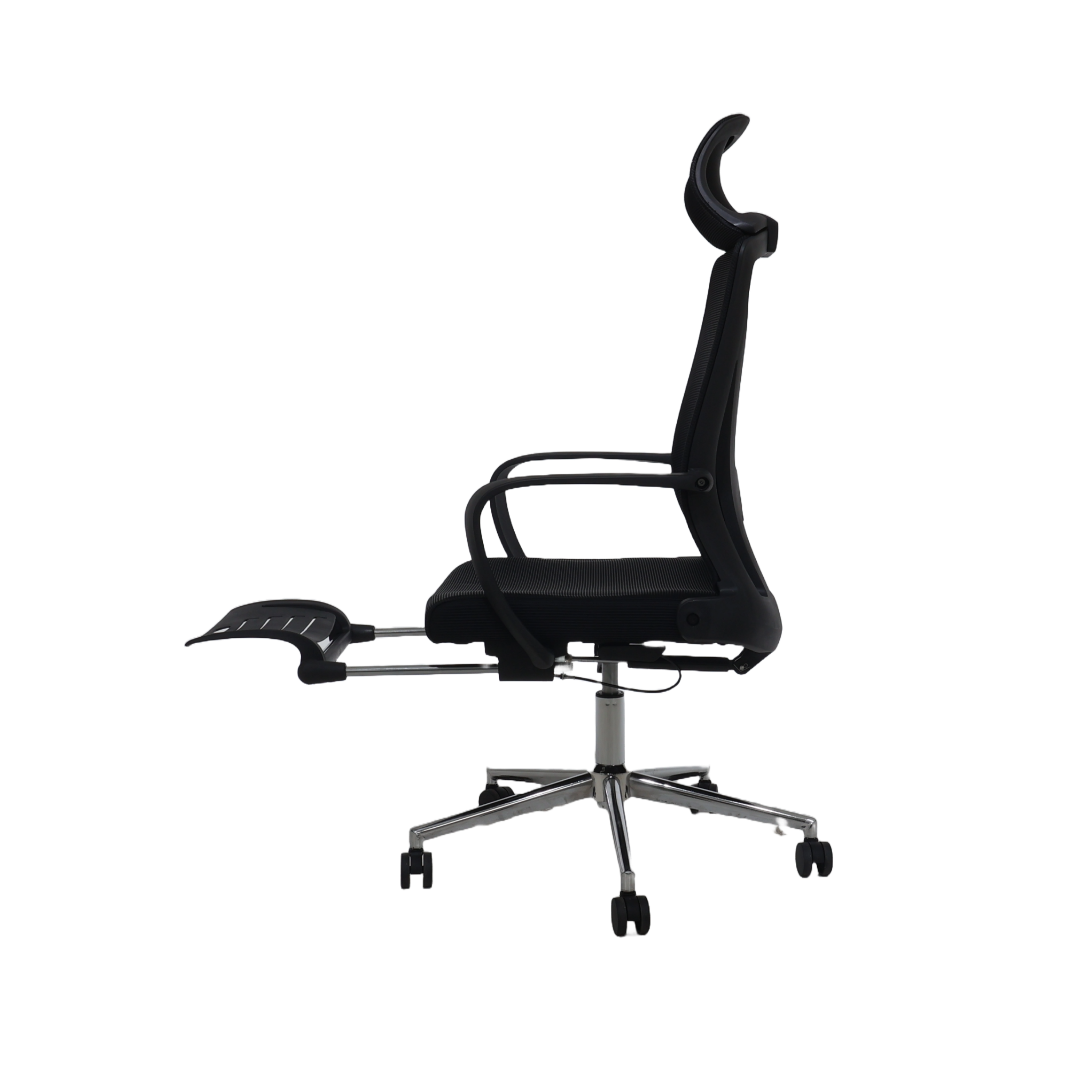 Black executive office chair side profile with armrests, mesh back, and rolling base.