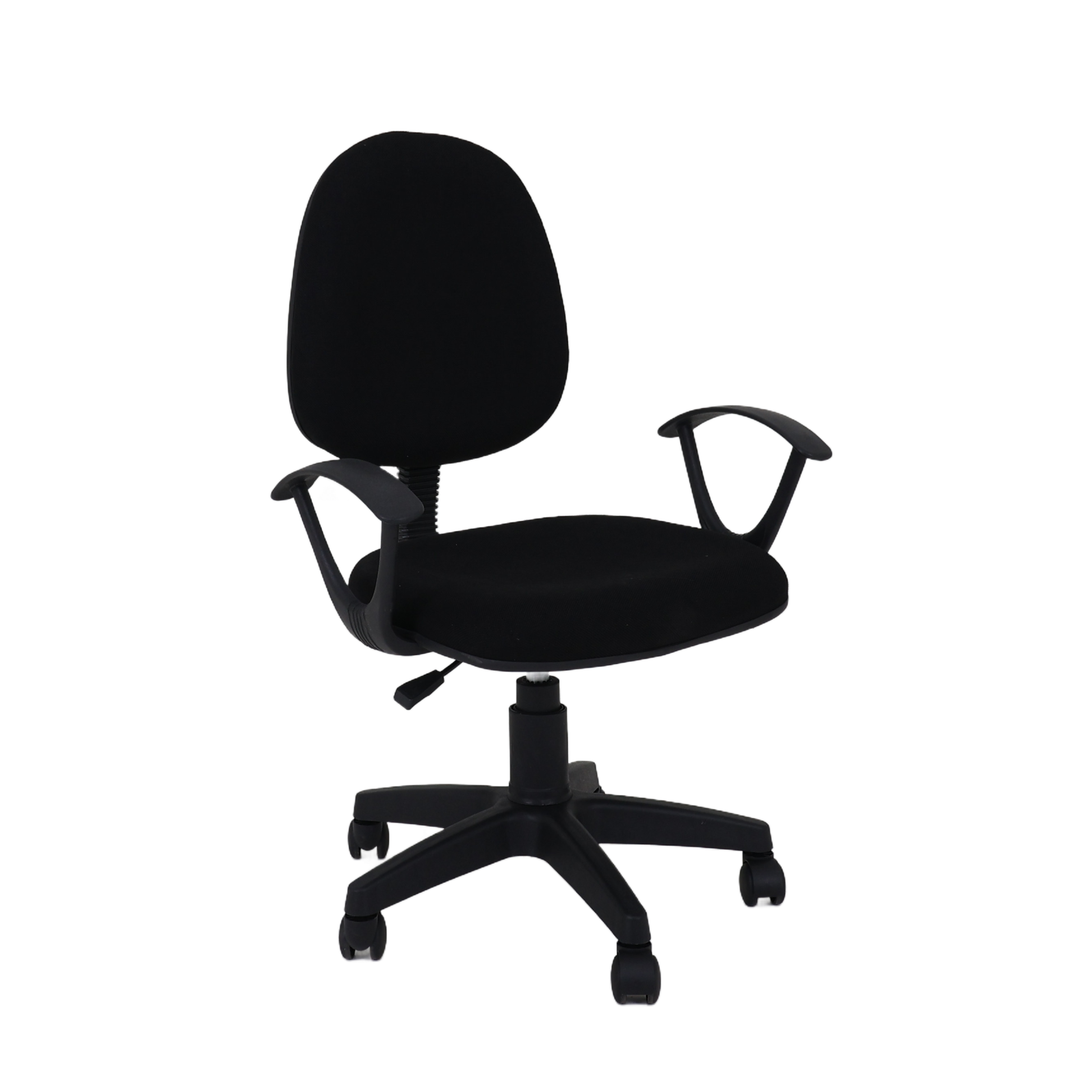 Black office chair with padded seat, arched armrests, and star base on casters