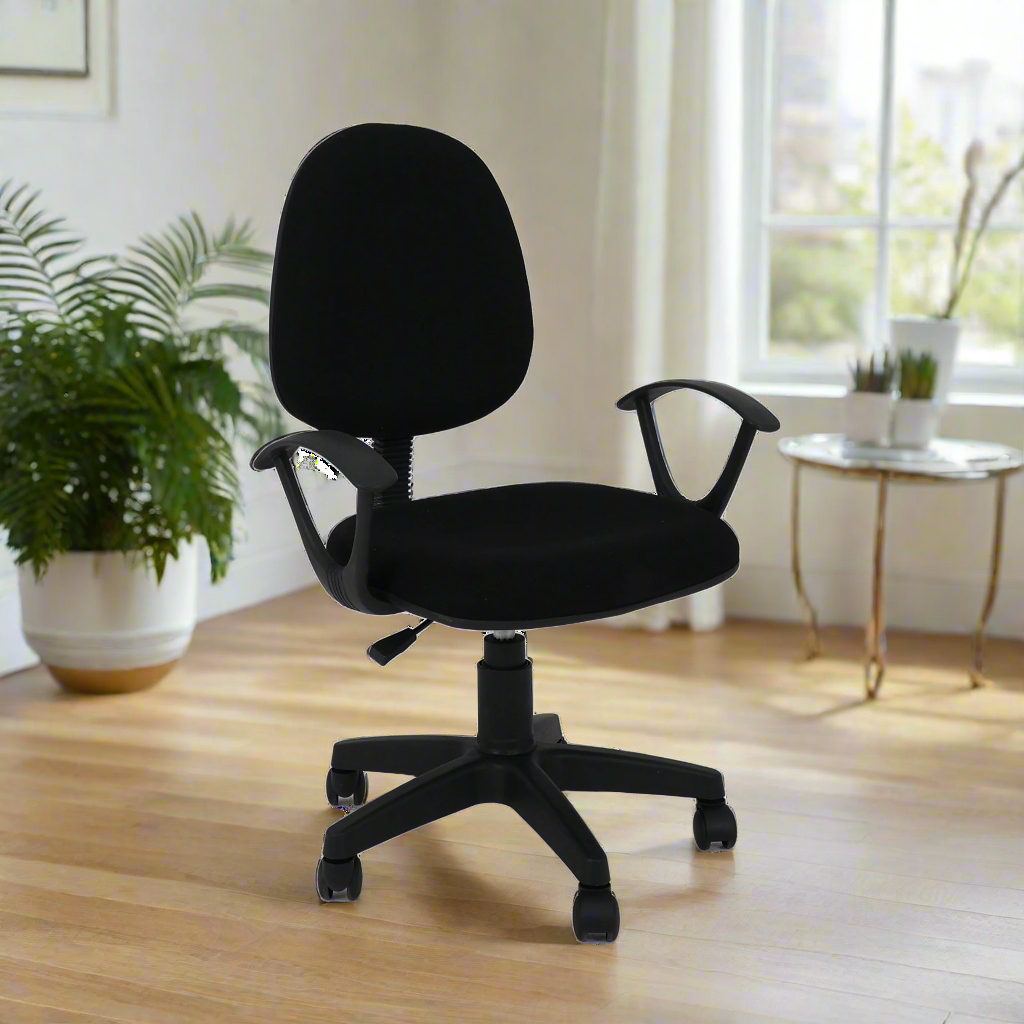 Black office chair with tall backrest, curved armrests, and rolling base