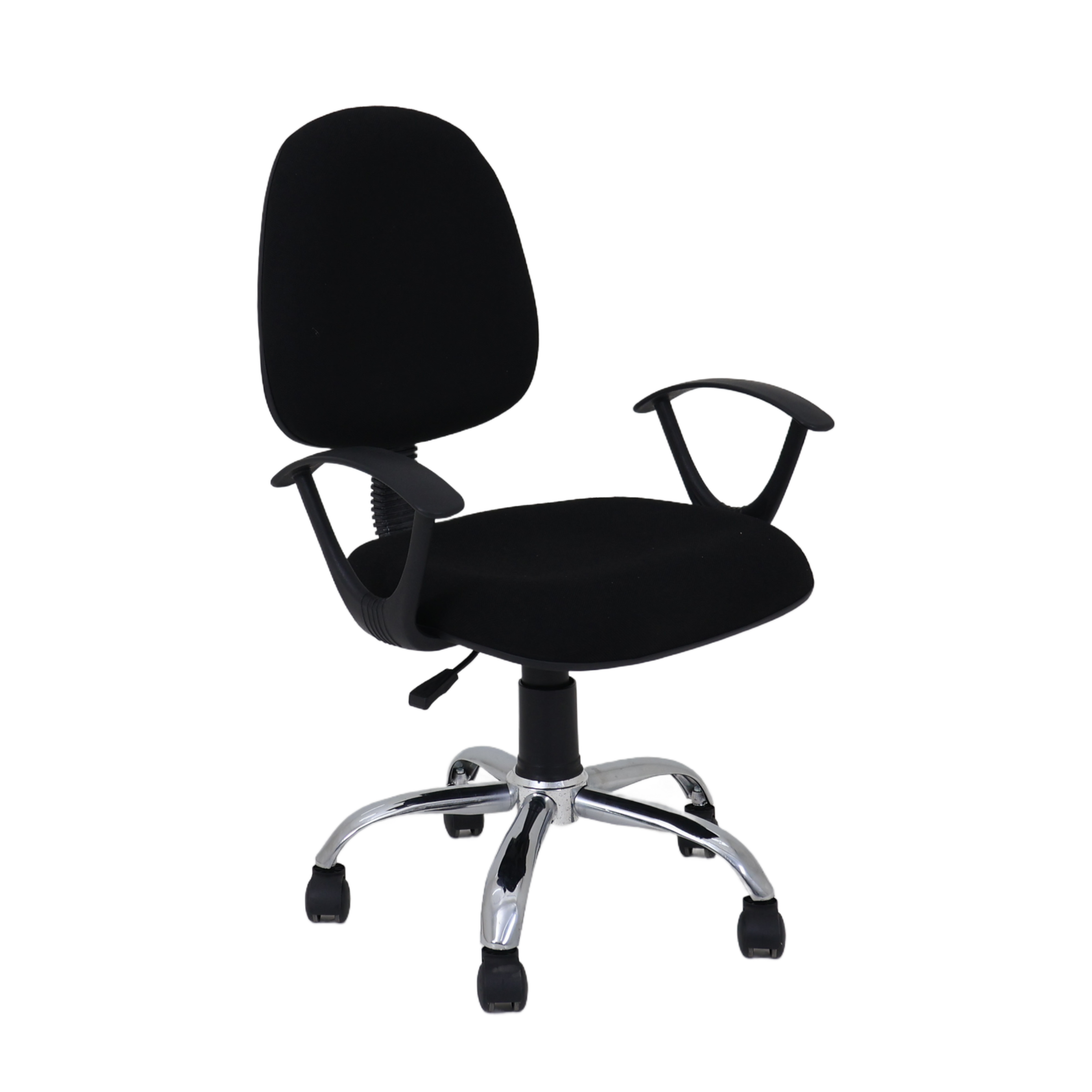 Black office chair with cushioned backrest, curved armrests, and chrome base