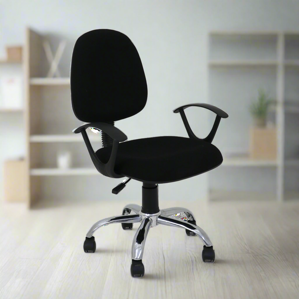 Black office chair with headrest, padded seat, and chrome base with wheels