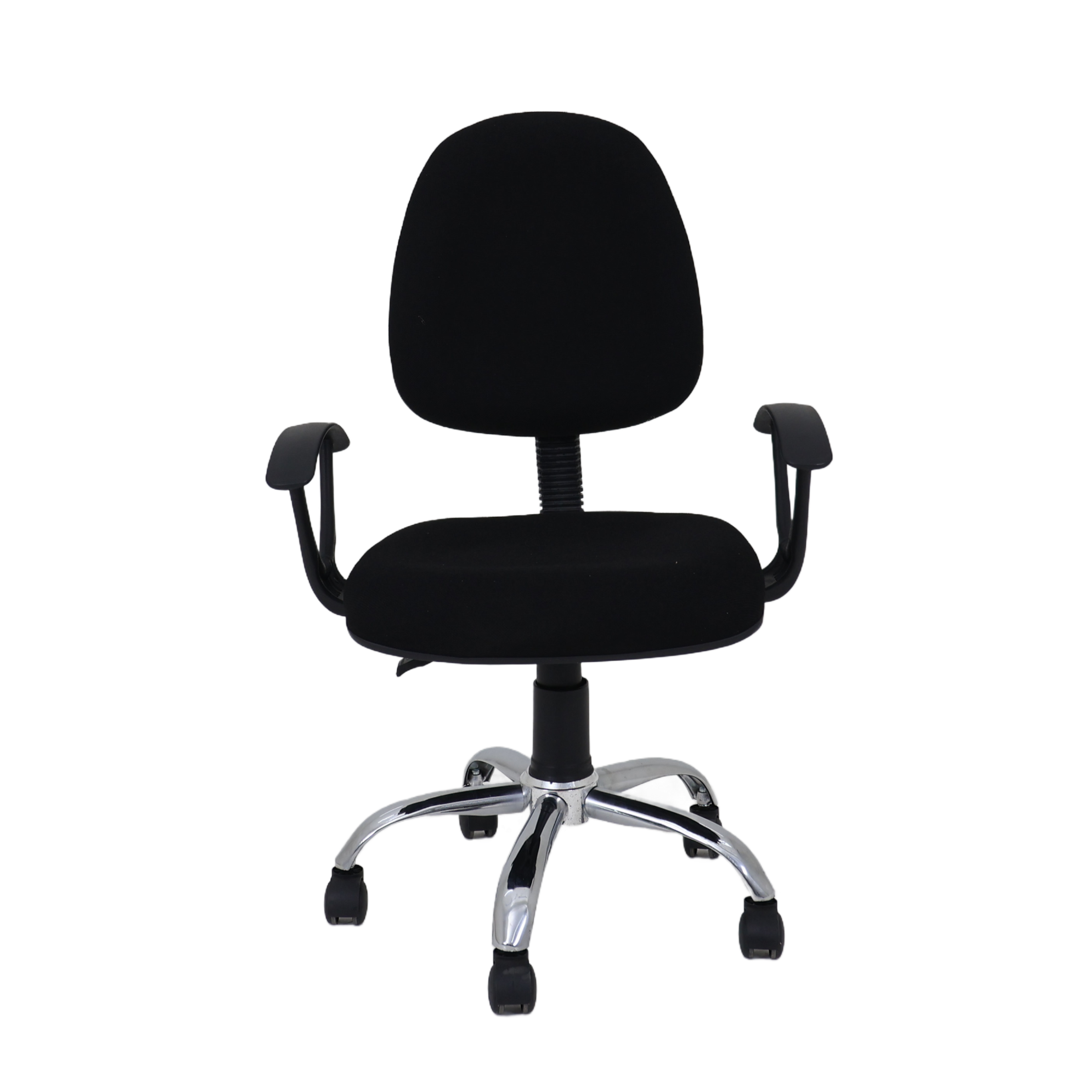 Black office chair with rounded headrest, padded seat, and chrome five-star base