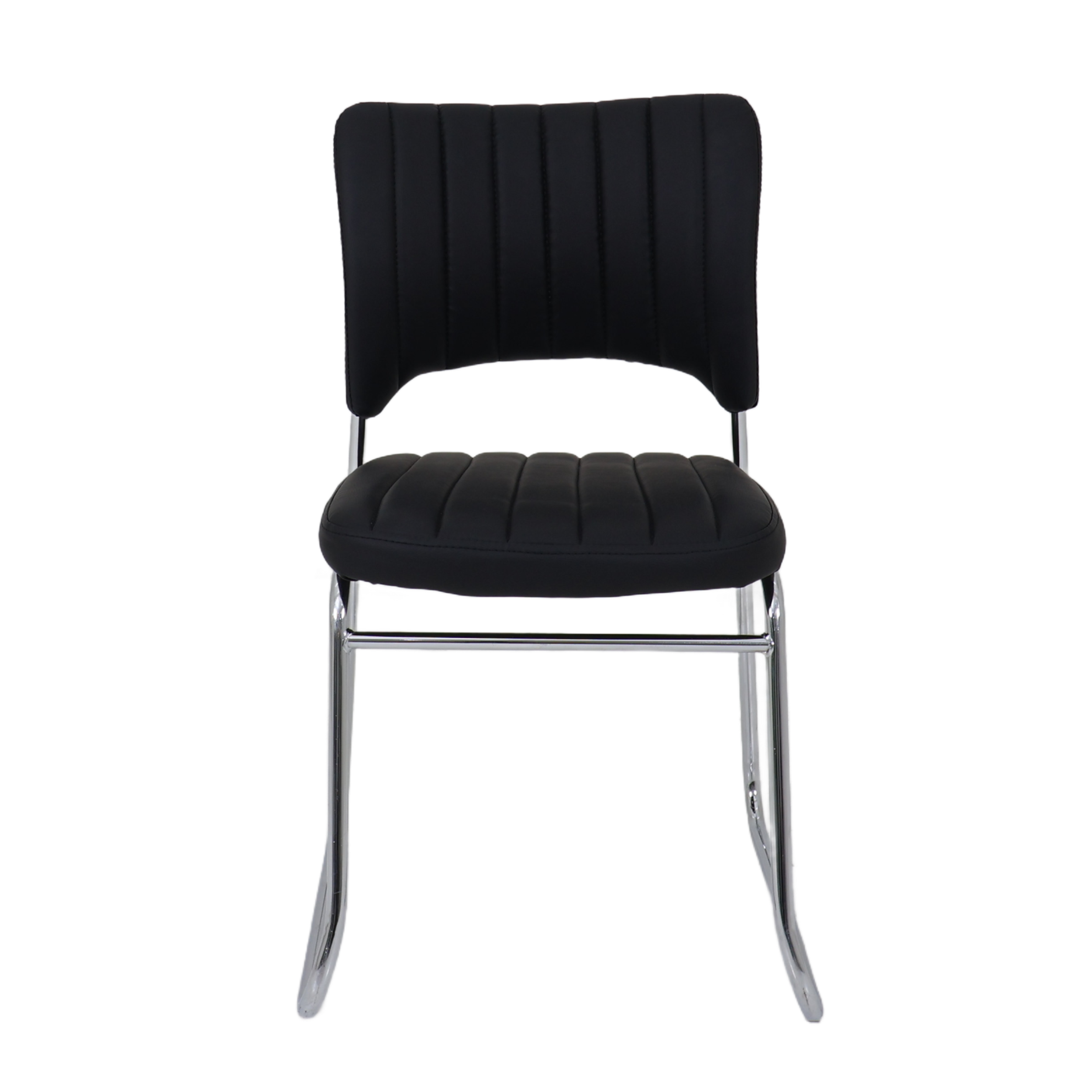 Visitor chair with black cushioned seat, vertical back panels, and shiny metal frame