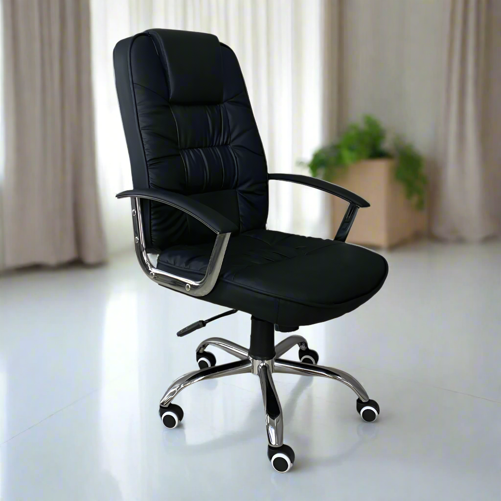 Black executive chair with padded seat and wing backrest, chrome base and rolling casters