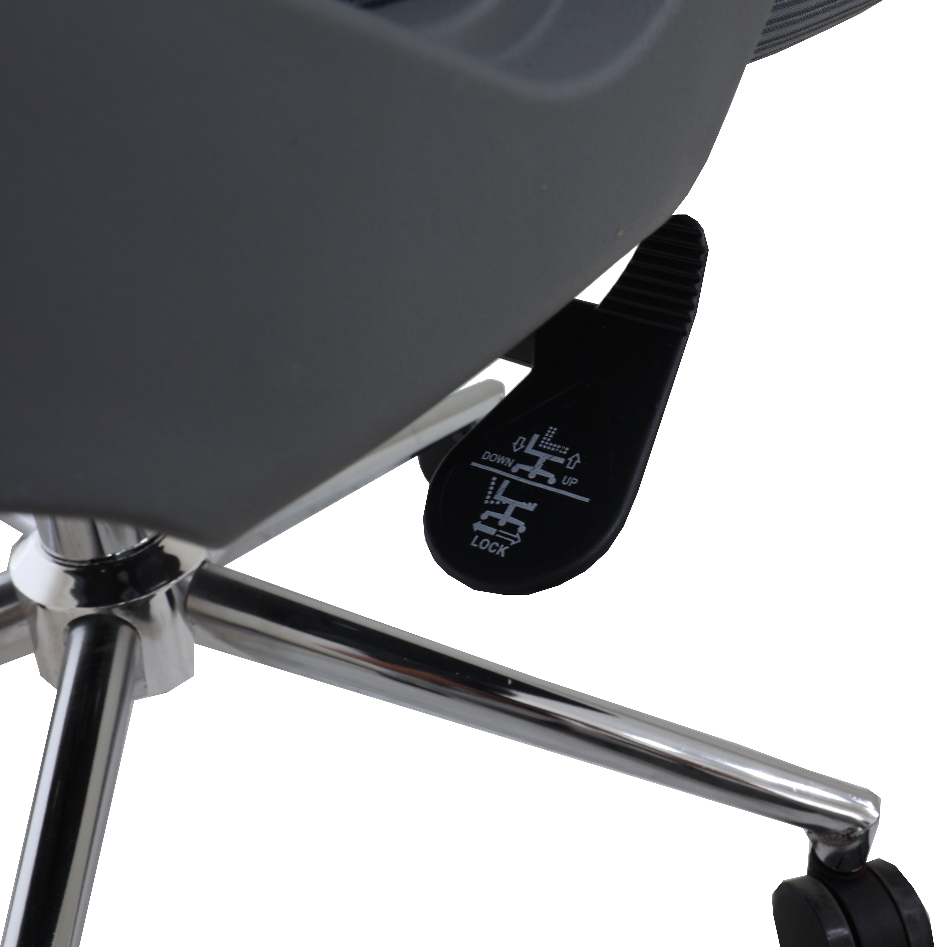 Gray office chair tilt lever under arm, with chrome base and caster wheel