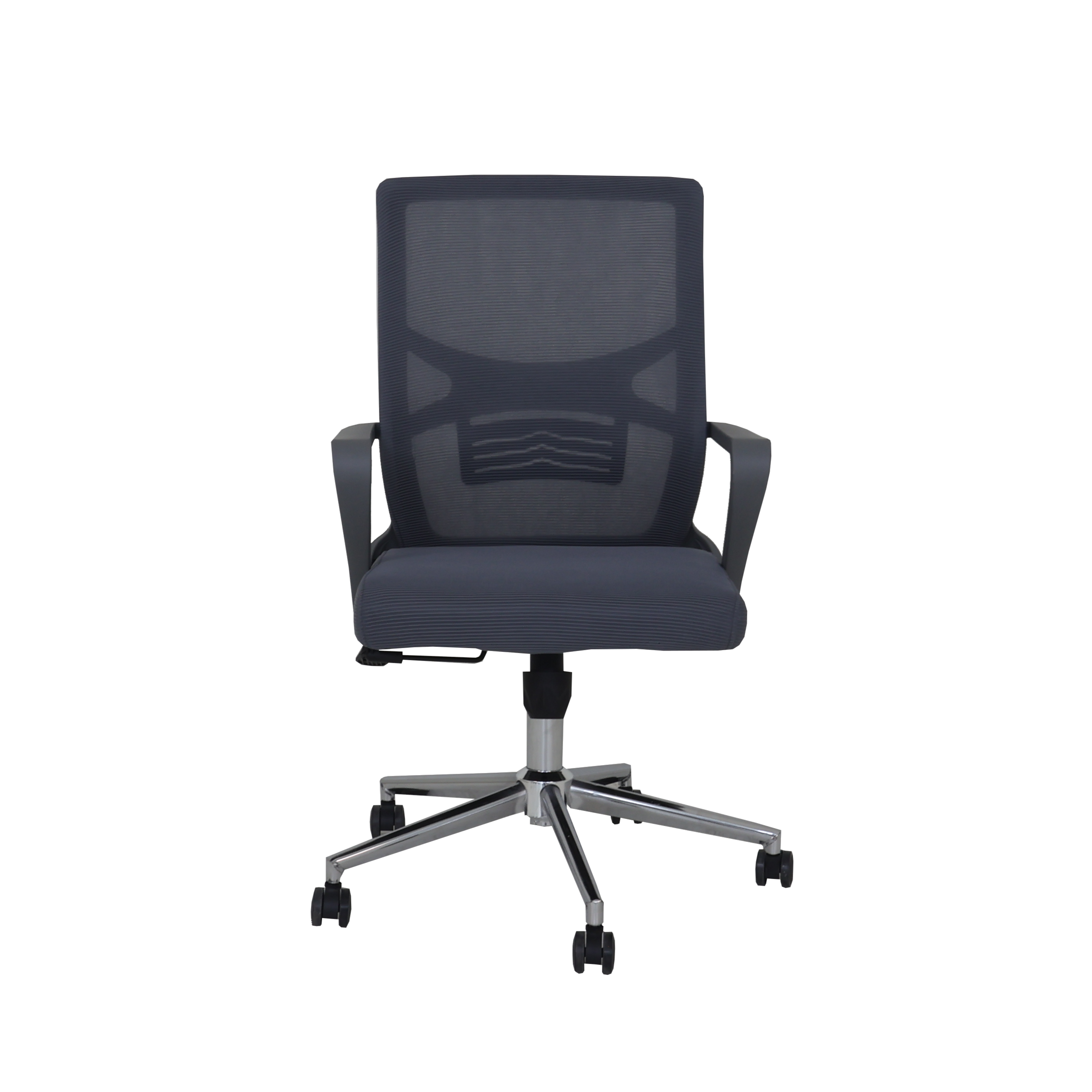 Gray mesh office chair with padded seat, armrests, and five-star caster base