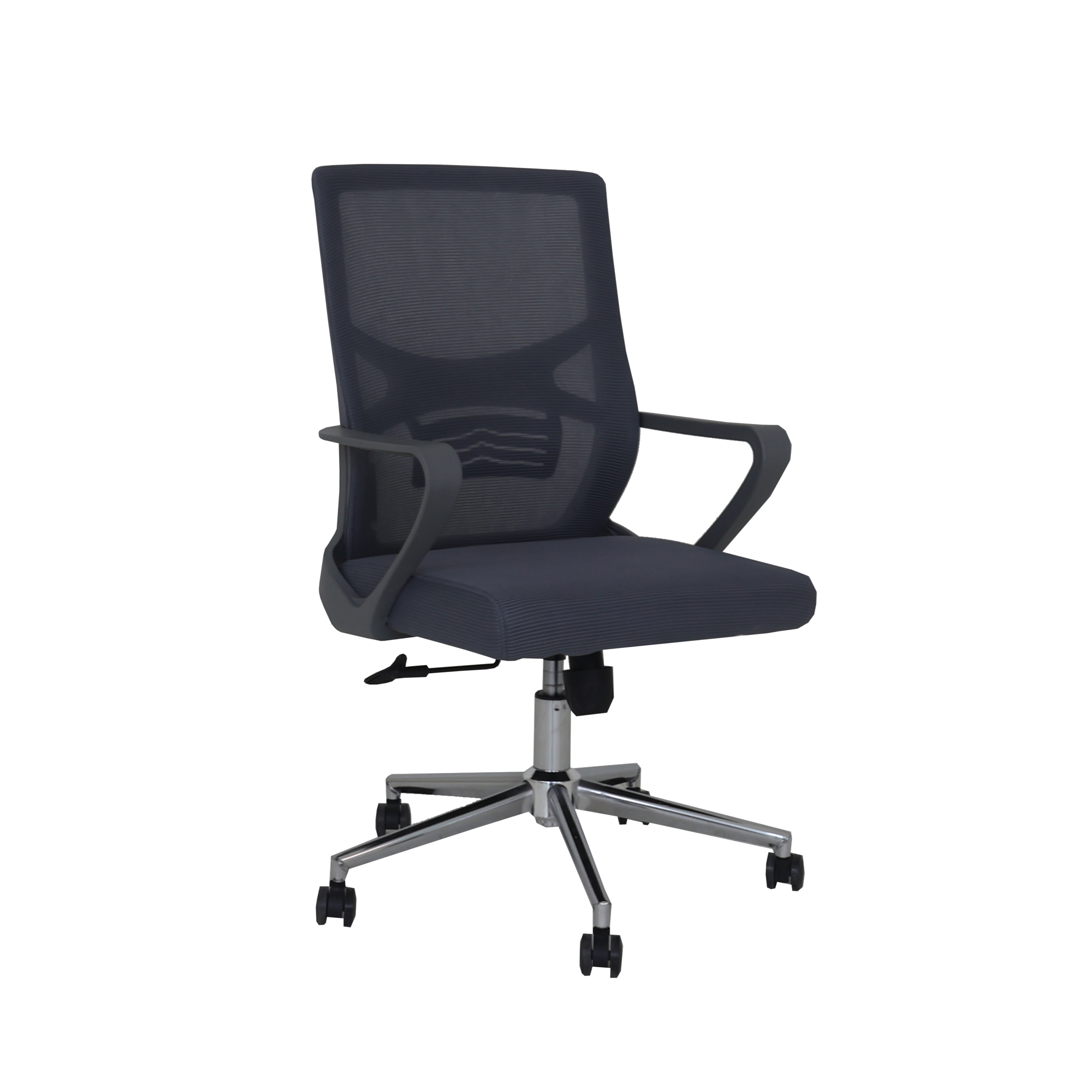 Gray mesh managerial chair with armrests and five-star caster base, side view
