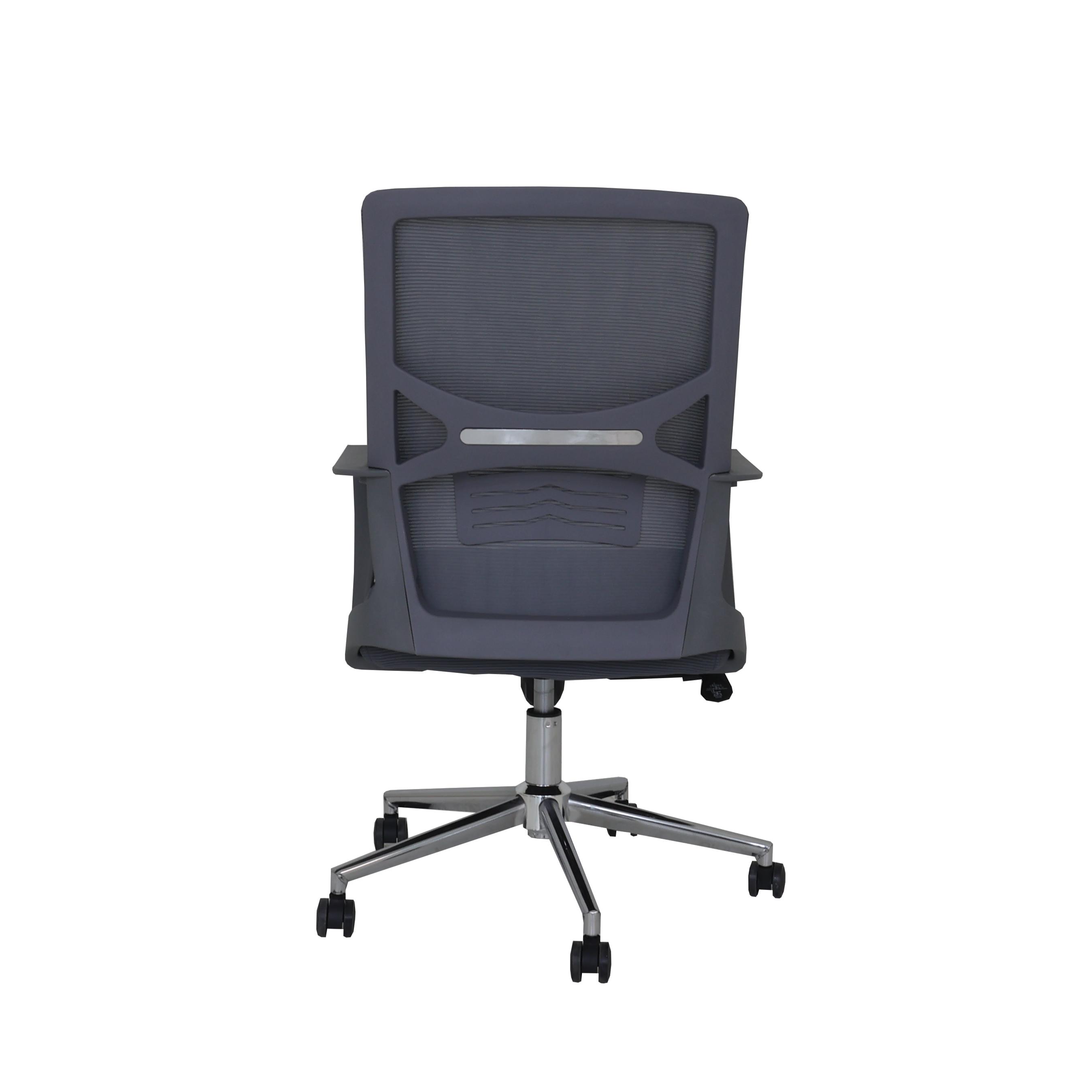 Gray mesh office chair backrest with armrests and five-star caster base