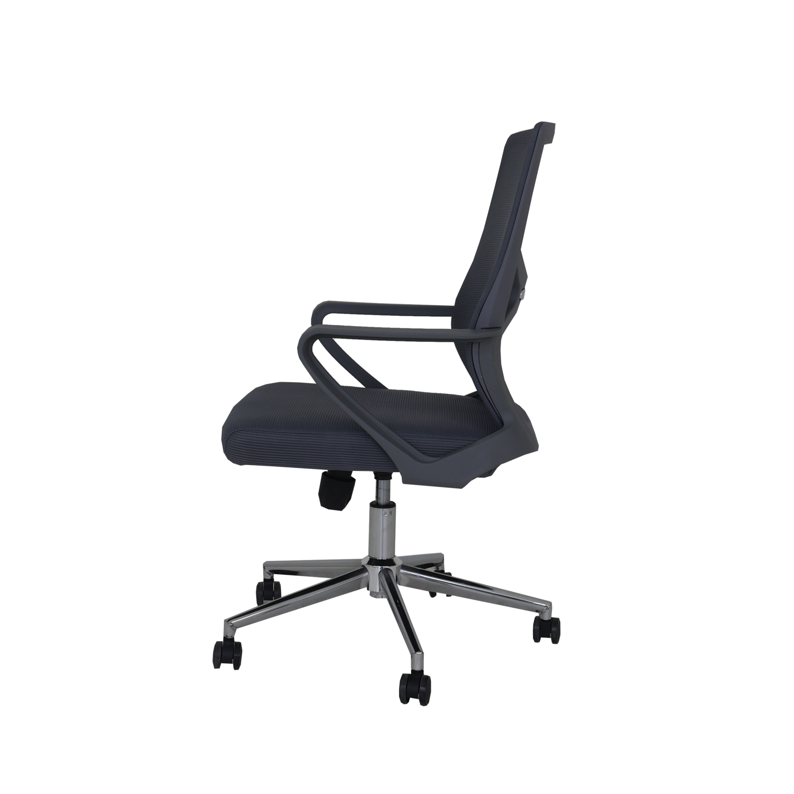 Gray office chair with mesh back, cushioned seat, and caster base, angled view