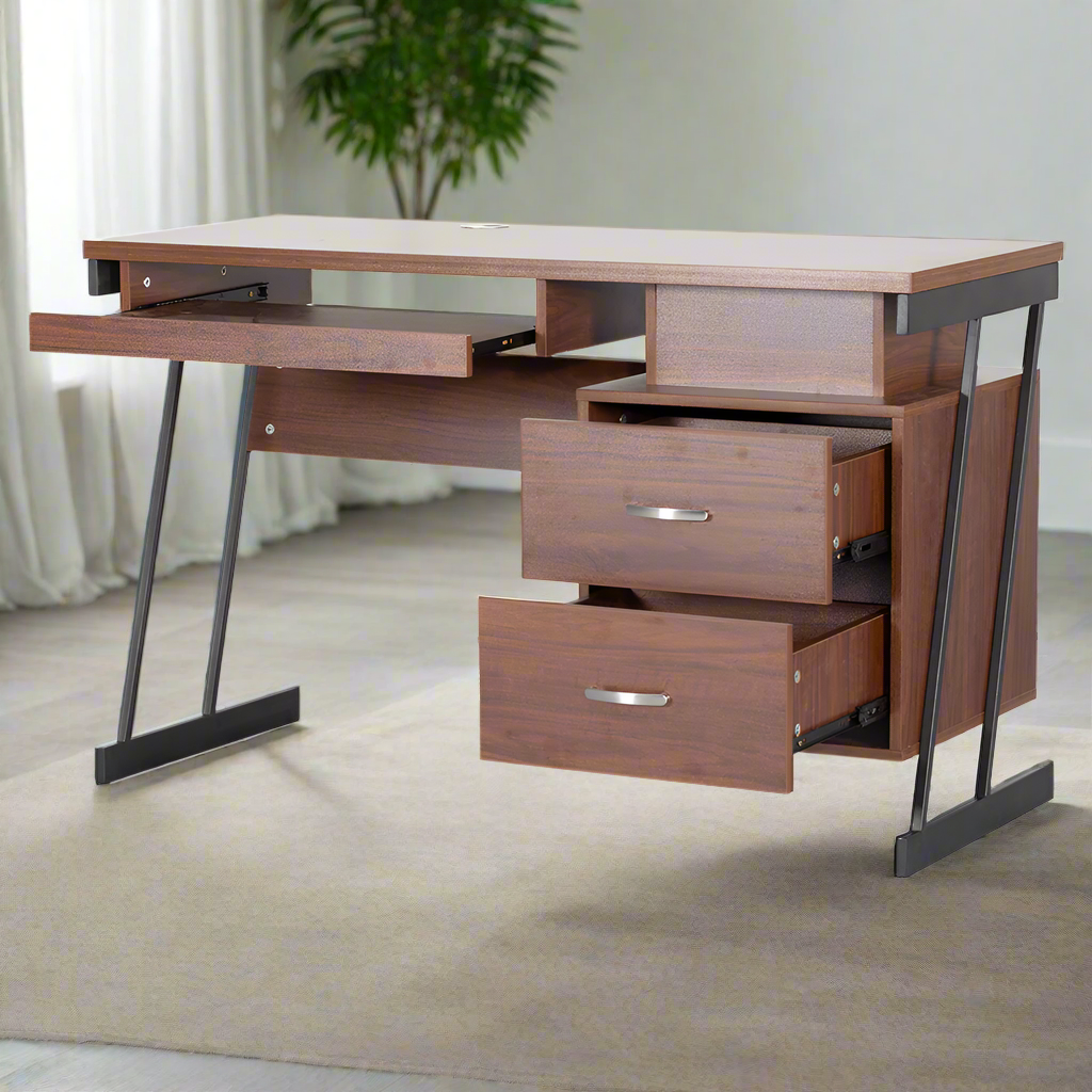 Walnut computer desk with three drawers, open shelf, and black metal legs