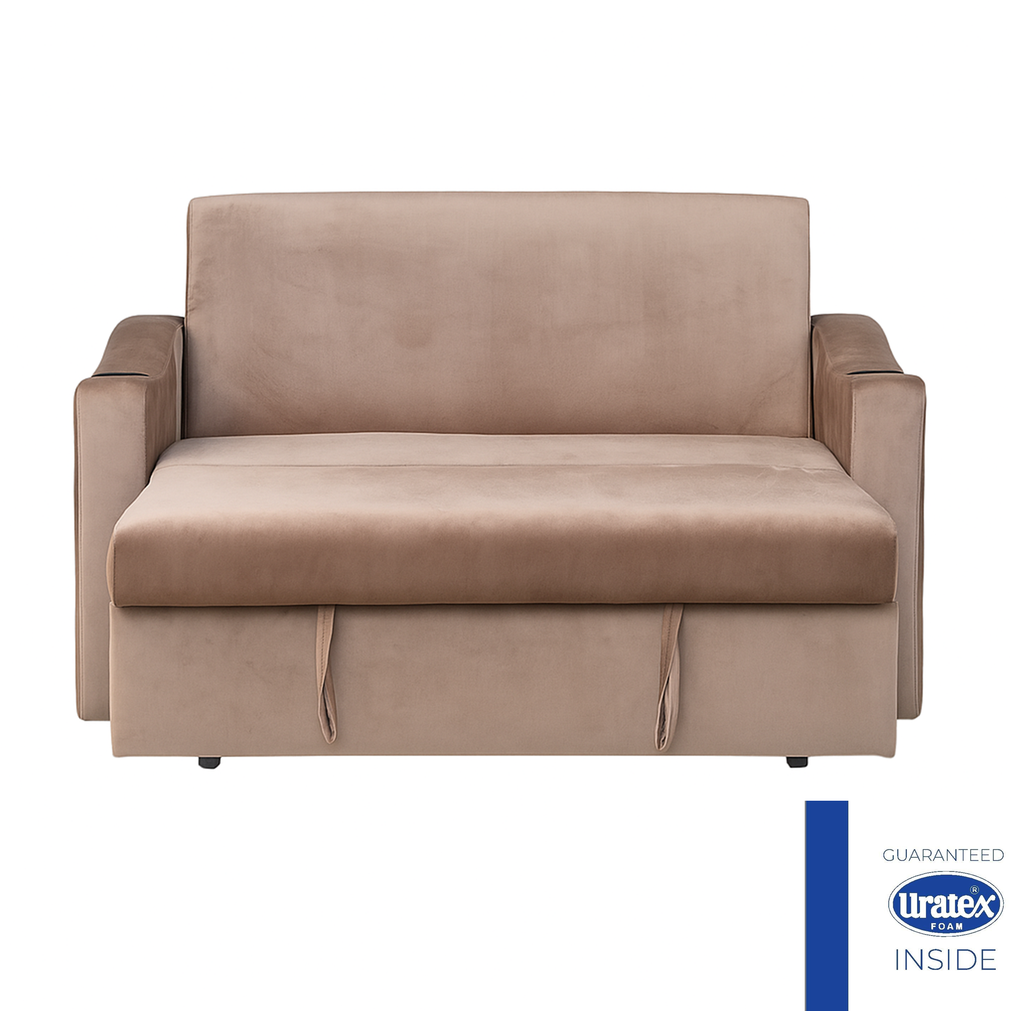 Light brown 2 seater sofabed with wide backrest, armrests, and seat cushions