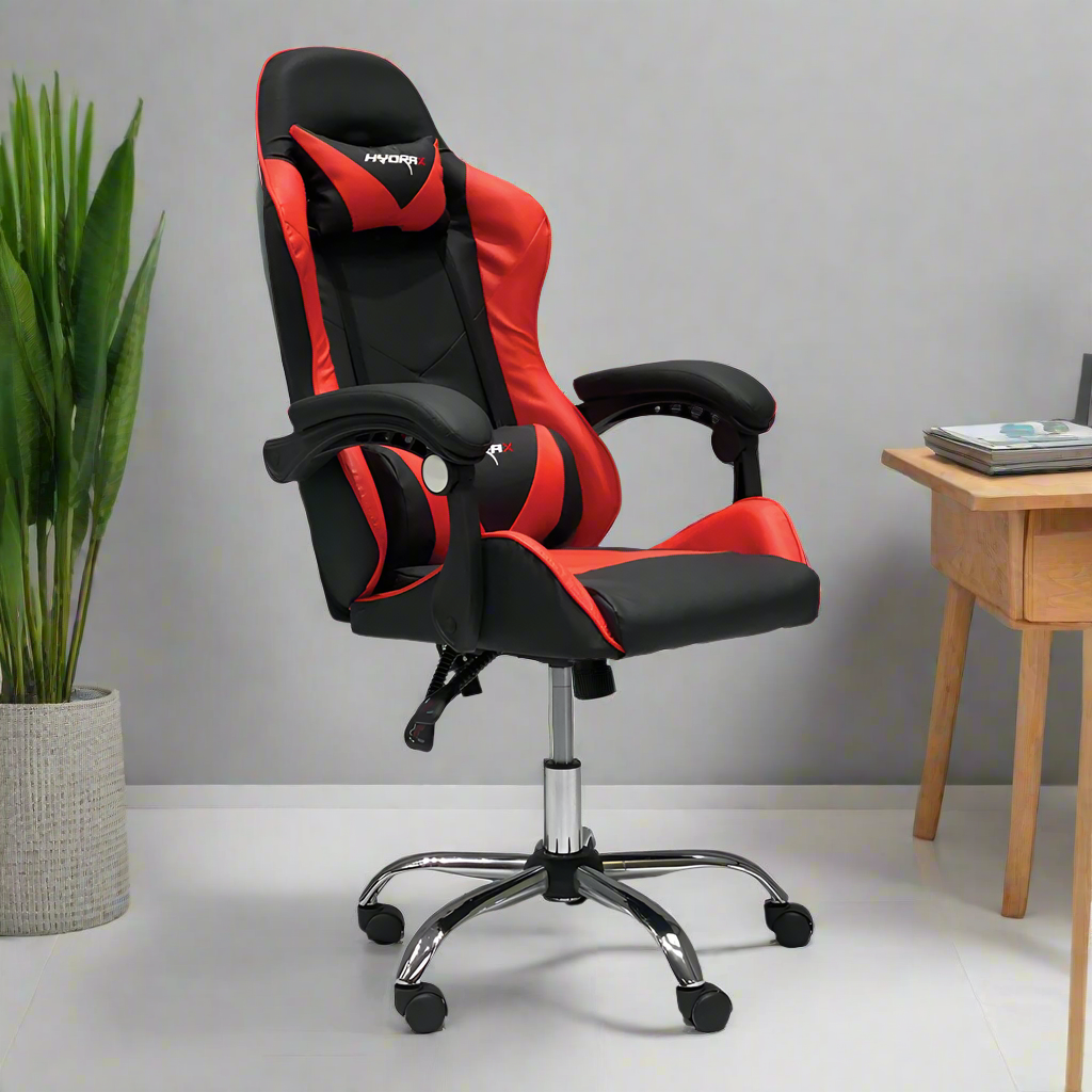 Gaming chair with red and black upholstery, armrests and star base in a living area