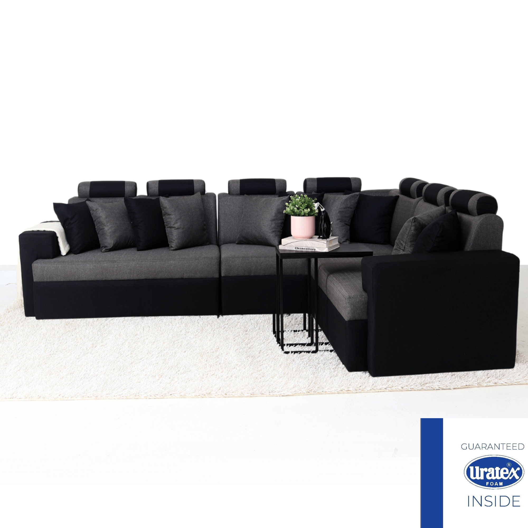 L-shape sectional sofa in gray and black with chaise; Uratex inside guarantee badge