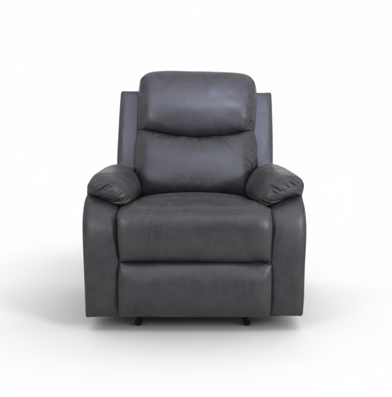 Dark grey upholstered recliner chair with cushioned seat and rounded armrests