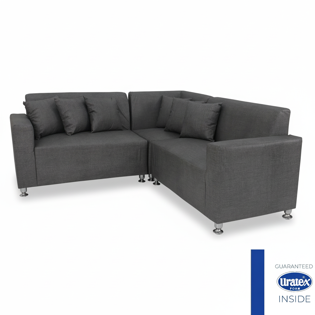 Dark grey L-shaped sectional sofa corner chaise with tufted cushions and metal legs