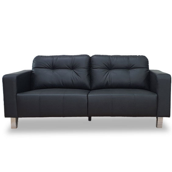 3-seater sofa in dark faux leather with tufted back, padded arms, and box cushions