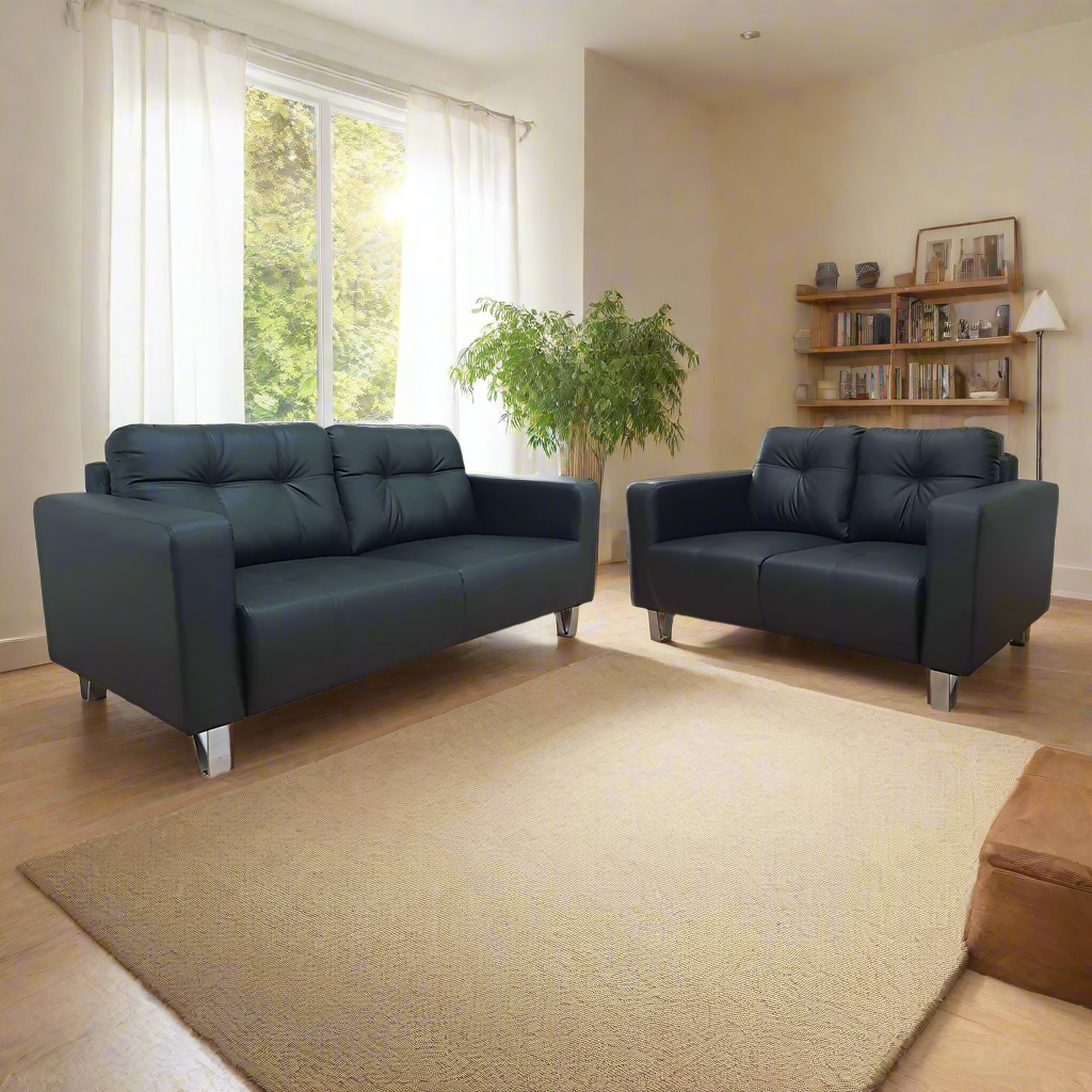3-seater sofa in dark upholstery with tufted back and padded arms, box seat cushions