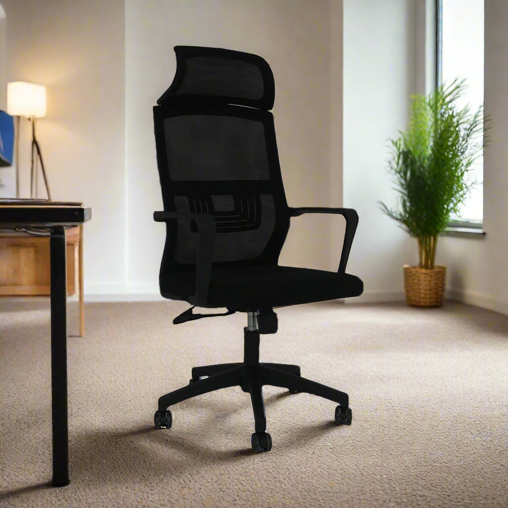 Black executive office chair with mesh back, wide seat, and wheeled star base