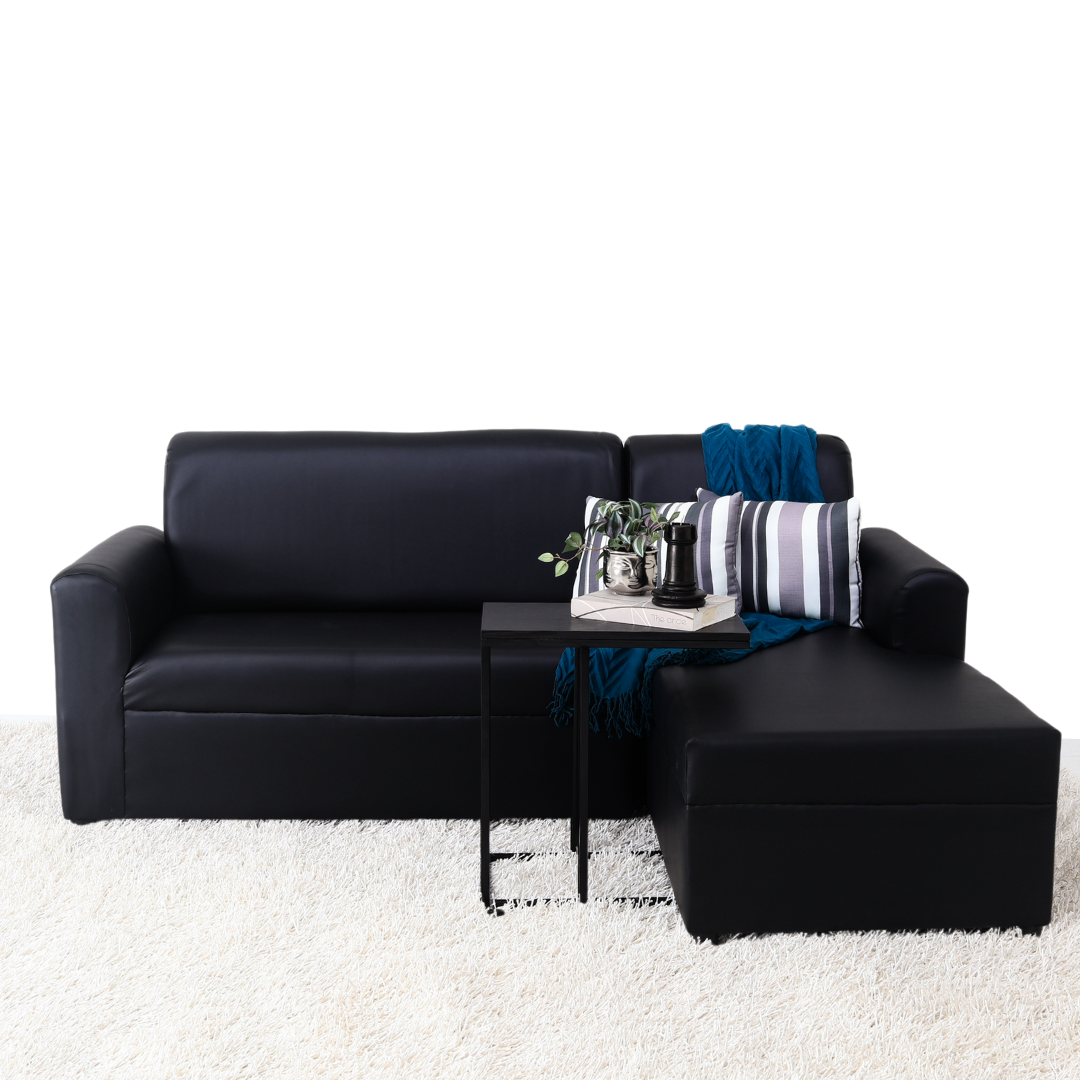 Black L-shape sofa with blue accent throw and striped pillows