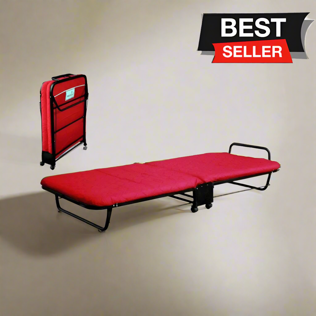 Red folding bed with black metal frame, padded mattress, and folding legs