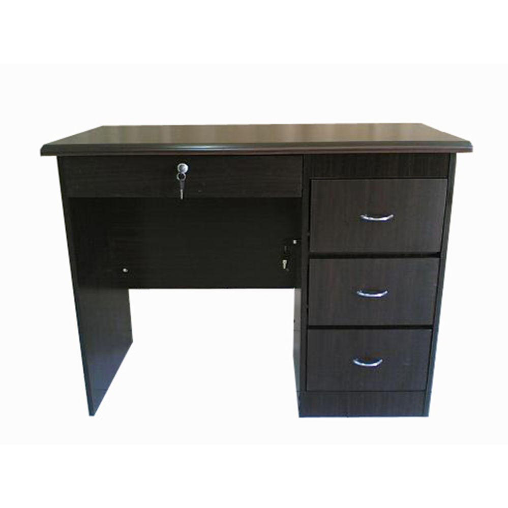 Dark wood office desk with central open compartment and 3-drawer cabinet