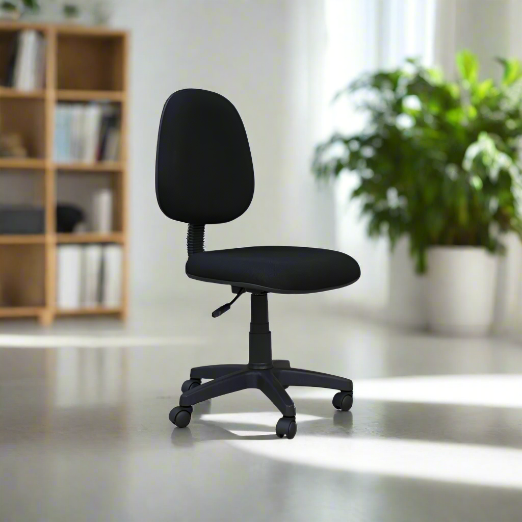 Black upholstered office chair with rounded back, cushioned seat, and caster wheels
