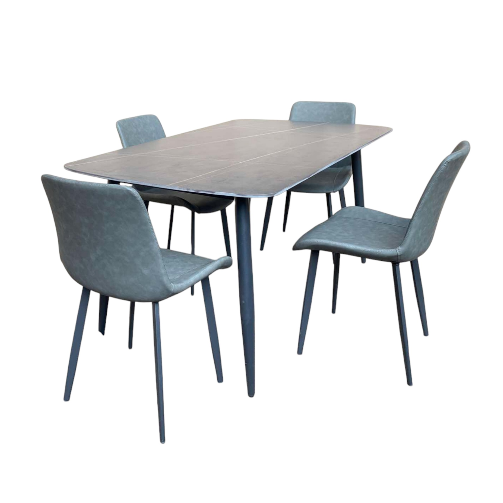 Gray-blue dining table with 4 cushioned chairs, light tabletop surface
