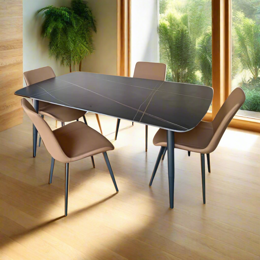 Brown chairs with dark dining table, 4-seat dining set in sunlit room