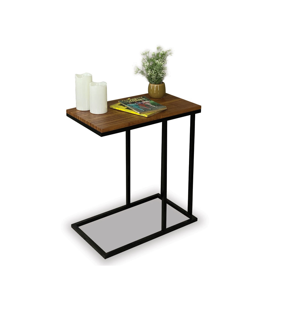 Square side table with dark wood top and black metal frame with lower support