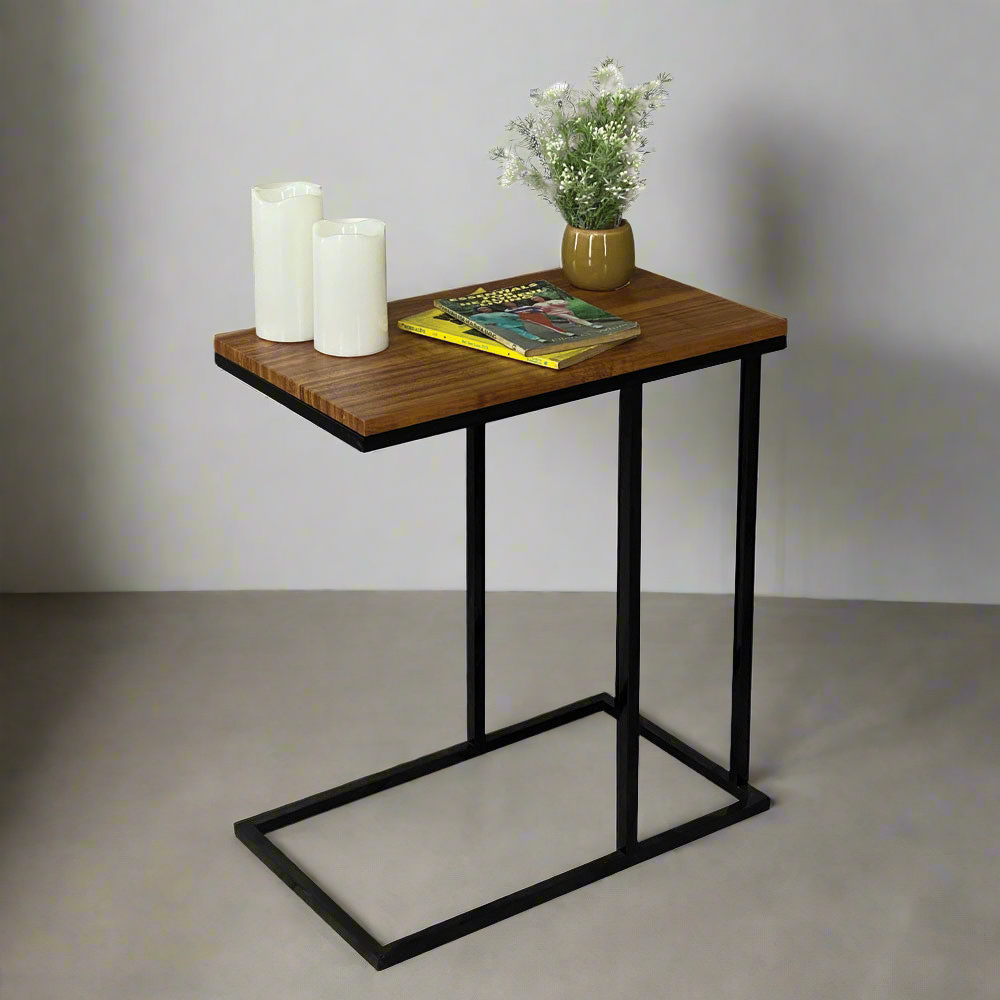 Rectangular side table with dark wood top and black metal X-style base