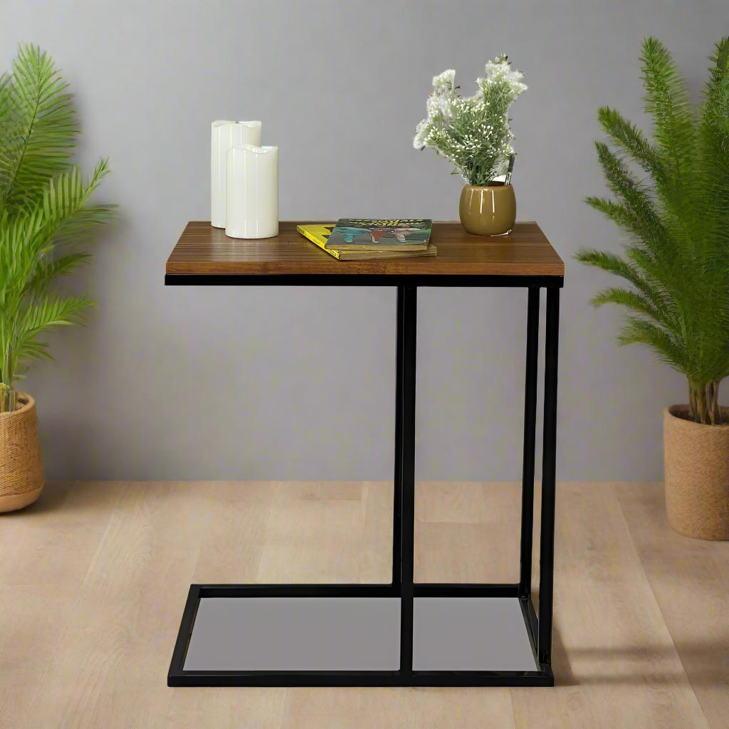 Side table with dark wood top and black metal legs, open lower shelf