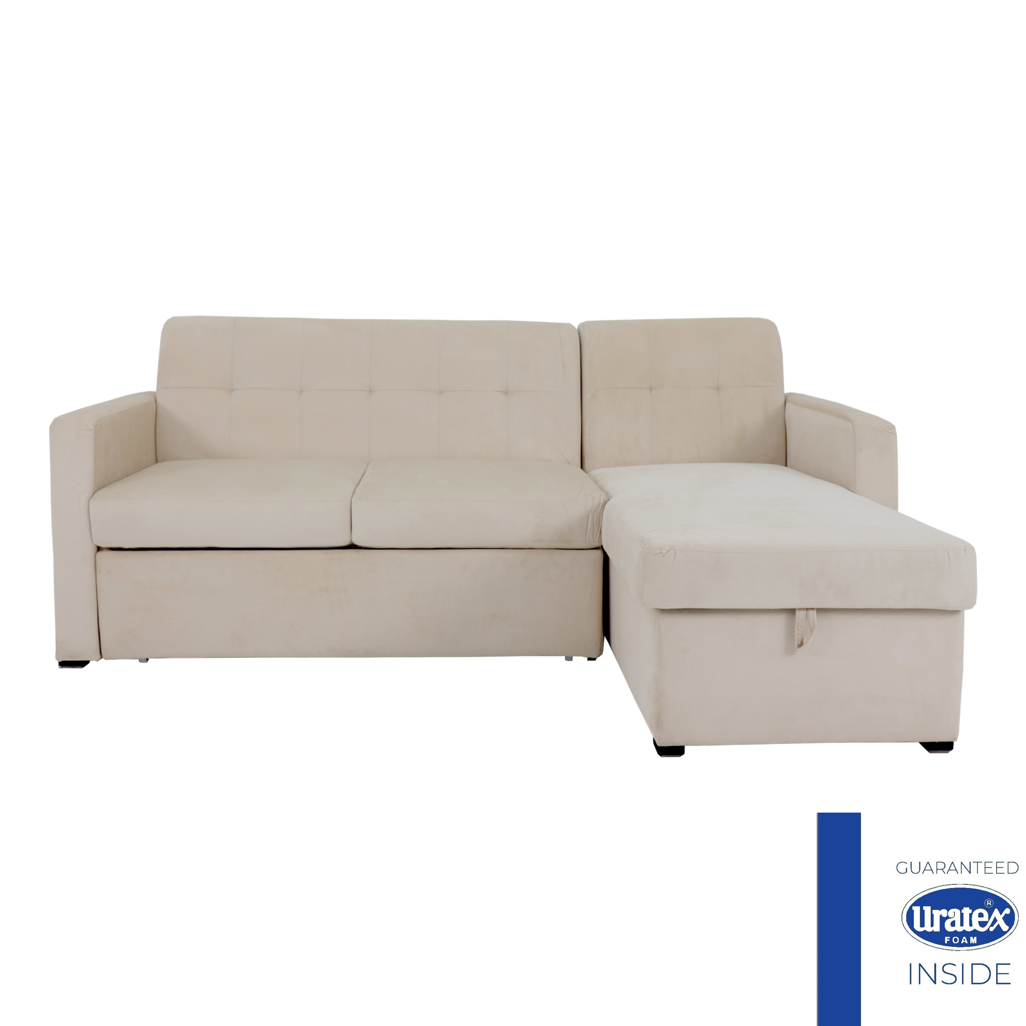 Beige upholstered L-shaped sofabed with tufted back and matching ottoman chaise