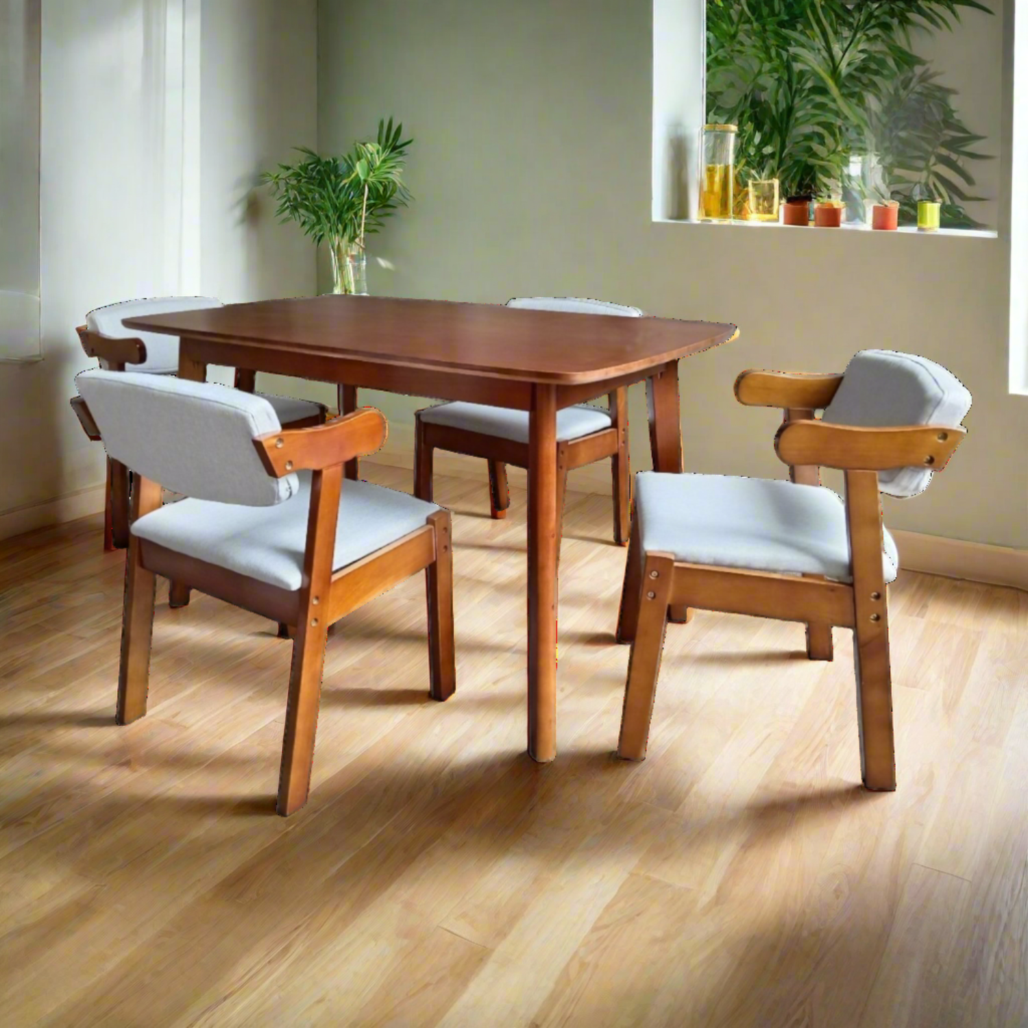 Walnut 4-seat dining table with four beige upholstered chairs, wooden armrests
