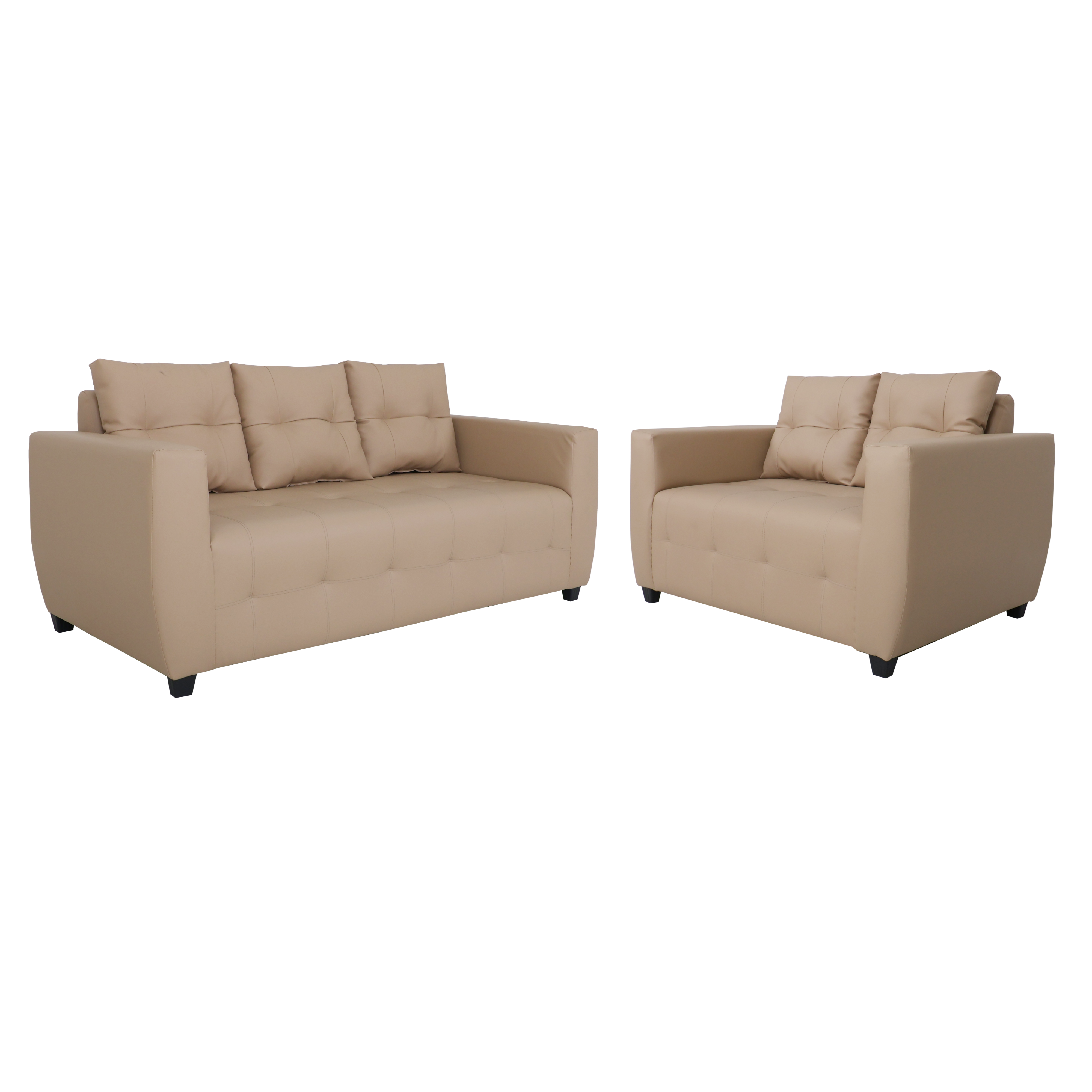 Two beige upholstered sofas with tufted seat and back cushions, padded arms, and legs
