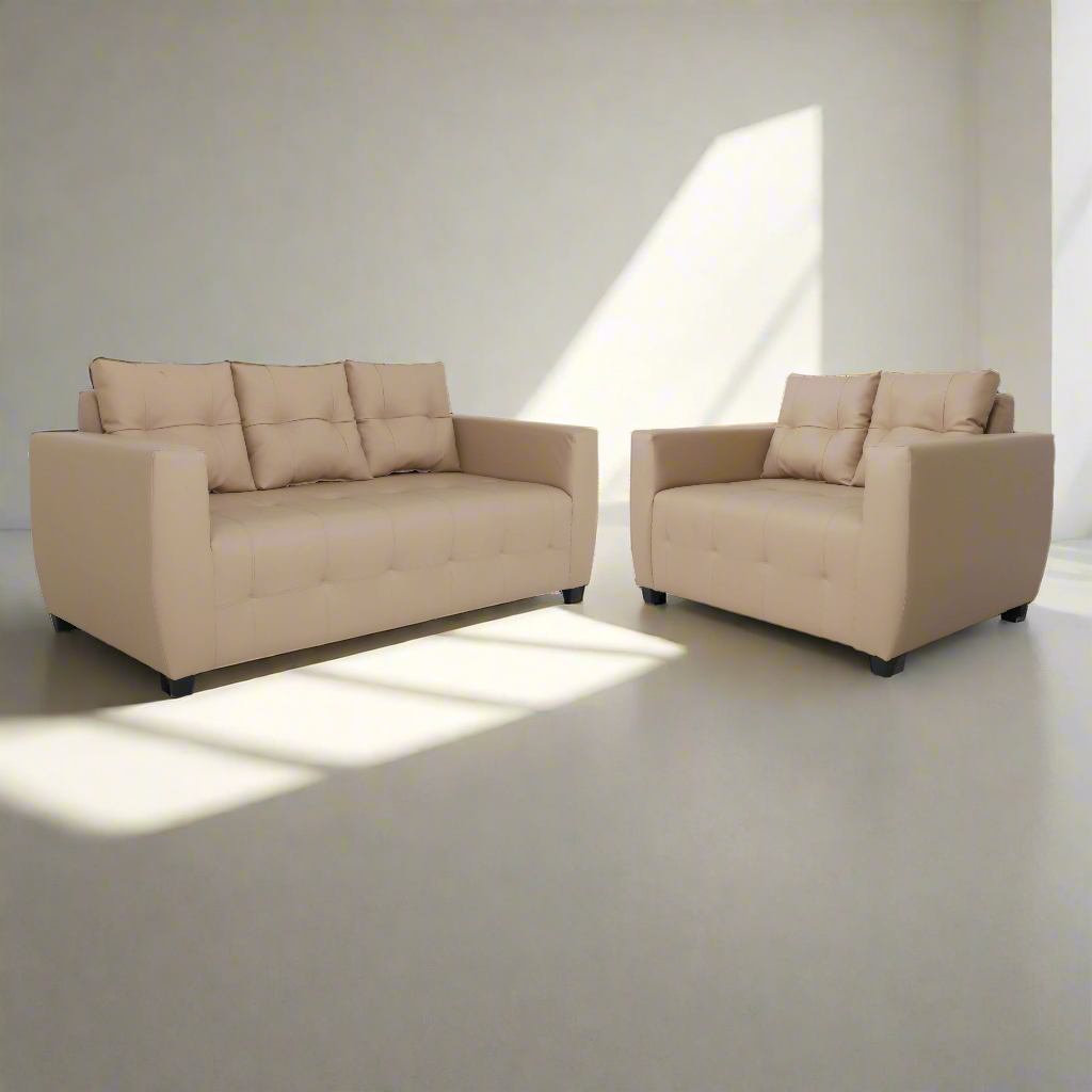 Beige 3-seat sofa with tufted back, padded arms, and dark legs
