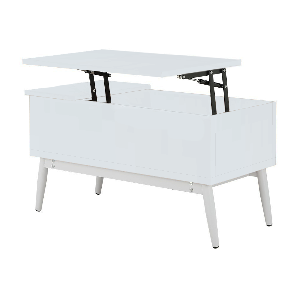 Lift-top center table with raised lid and black support hardware, white finish
