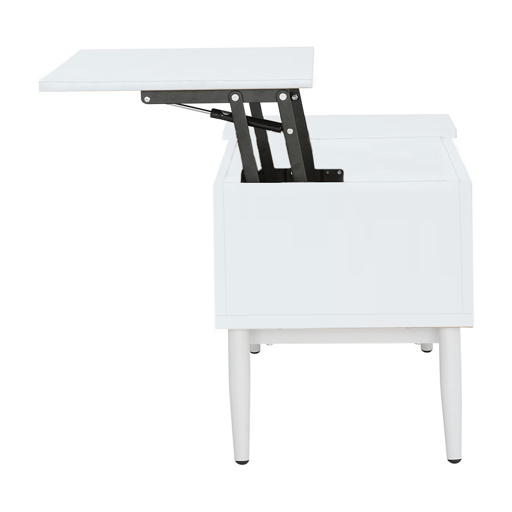 Lift-top center table end view with black lifting mechanism, white finish