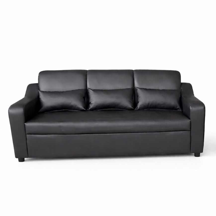 3-seater sofa, dark upholstery, three back cushions, padded arms, boxy seat
