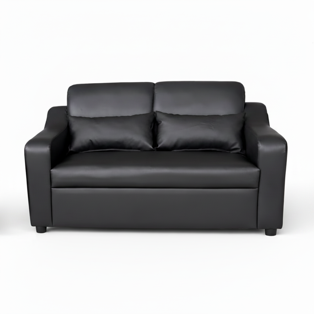 Black 2-seater sofa with padded arms and two back cushions