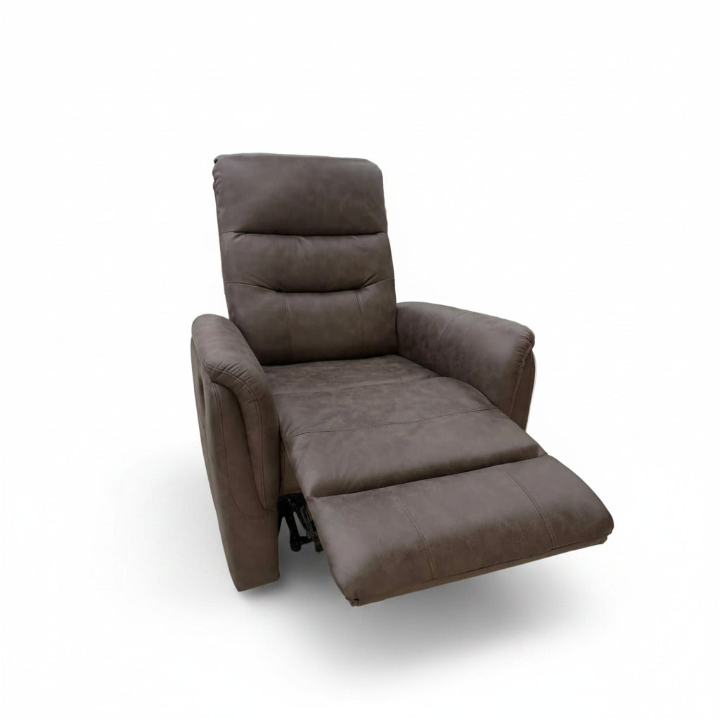 Dark brown recliner chair with extended footrest and padded headrest.