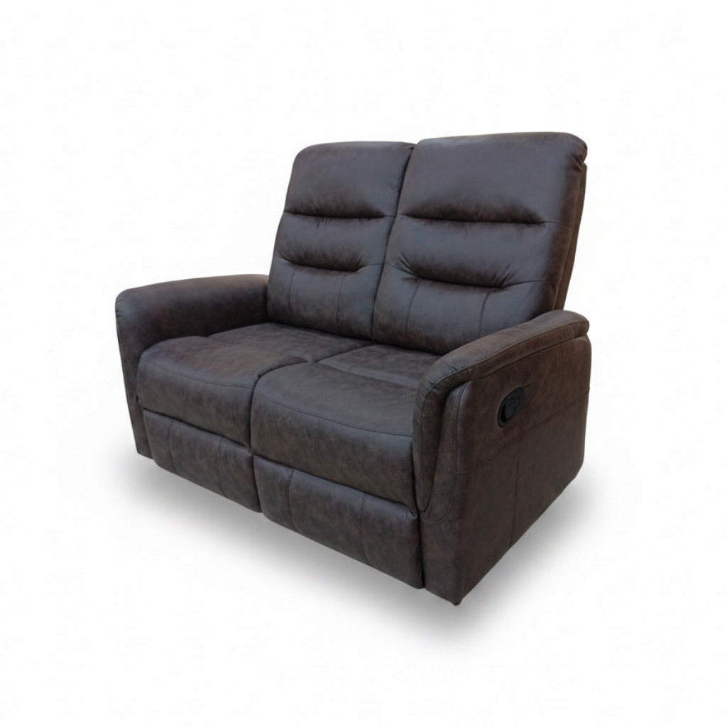 Dark brown 2-seater sofa recliner with tufted backrest and padded armrests