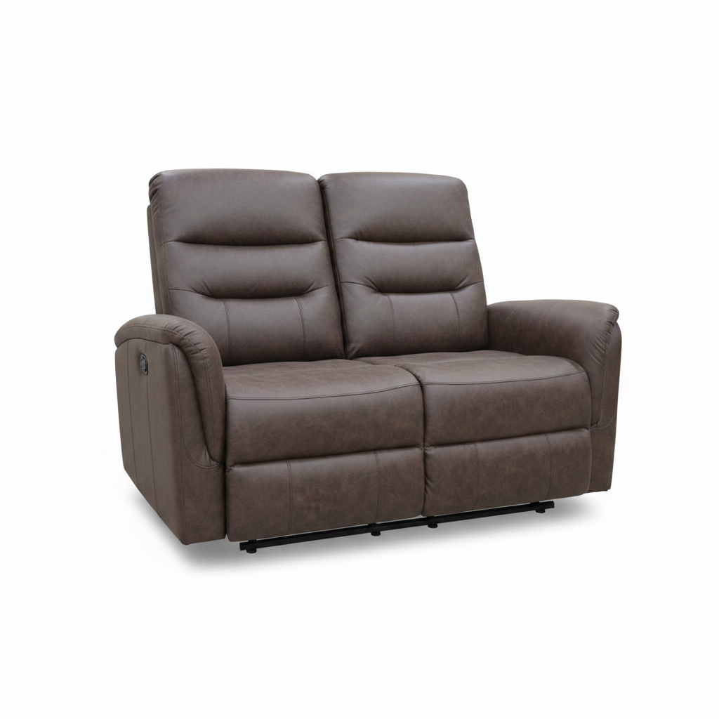 Brown 2-seater sofa recliner with wide arms, two back cushions, and recline seats