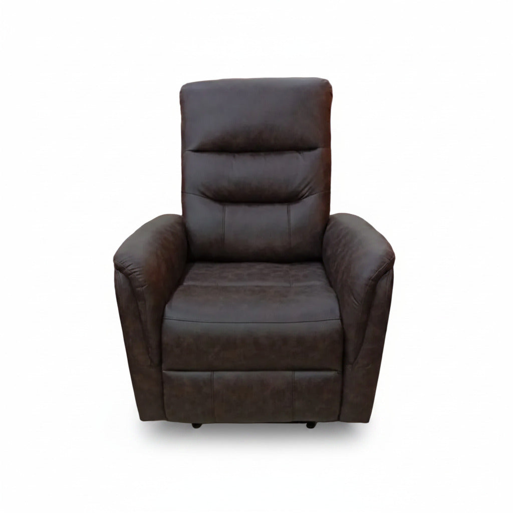 Dark brown recliner chair with wide arms, padded seat, and reclining back.