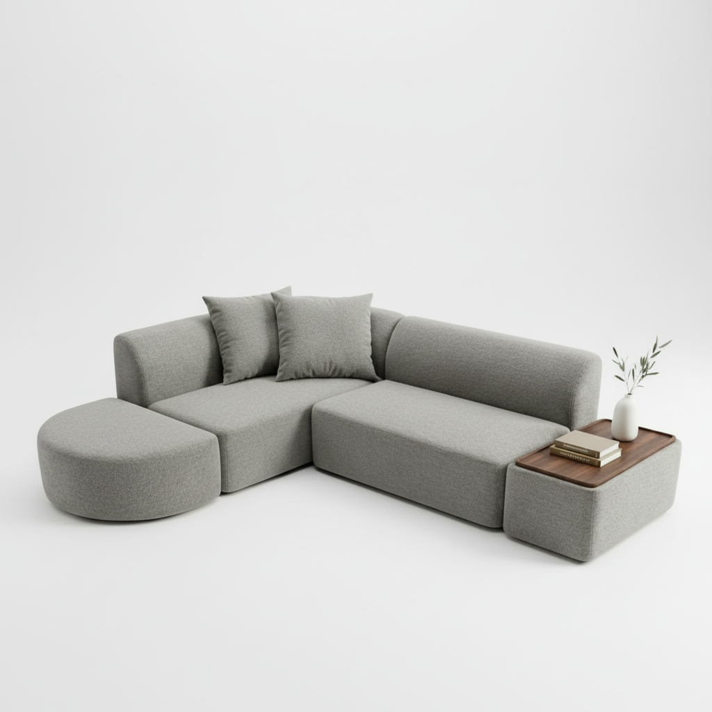Gray mini modular sofa with curved chaise and built-in back cushions