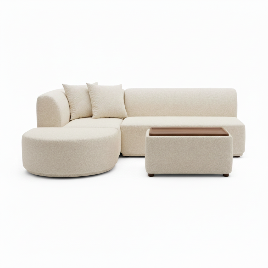 Beige mini modular sofa with tufted back cushions and square ottoman