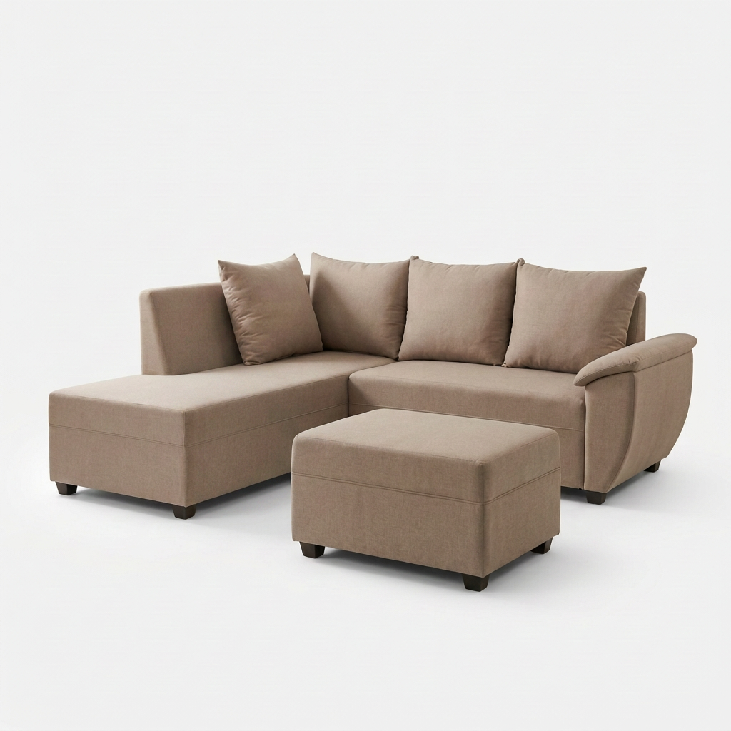Beige L-shaped sectional sofa with chaise and matching ottoman