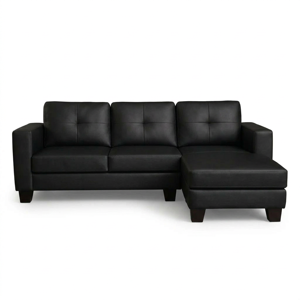 Black L-shaped sectional sofa with three back cushions and right chaise, track arms