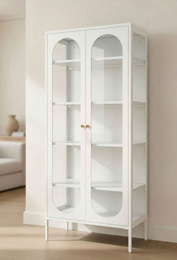 JIRAH white display cabinet with arched glass doors, adjustable shelves, and slim legs