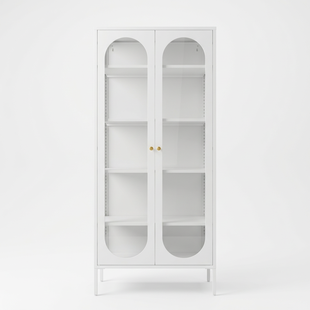 Front view of the white JIRAH display cabinet with arched glass doors and gold knobs