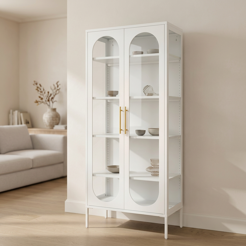 White JIRAH display cabinet with gold handles, arched glass doors, and displayed tableware